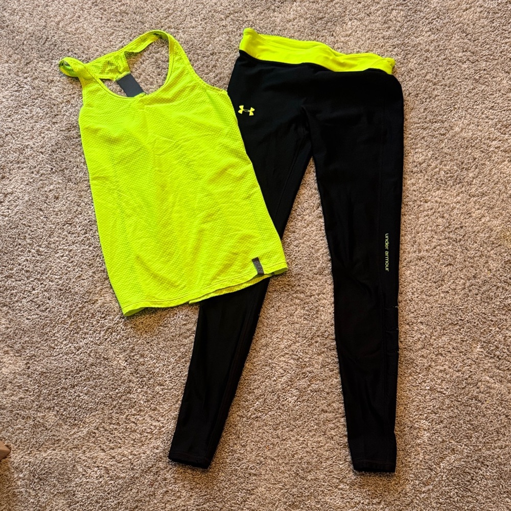 Under Armour Women's Black and Bright Yellow Leggings and Shirt